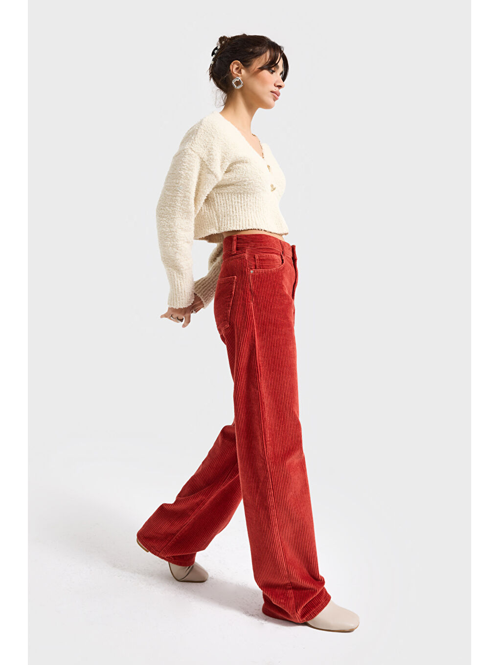 Turuncu Kadın Orange Lora 26w5-104 Loose Fit Orta Bel Kalın Fitilli Velvet Kadife Kumaş Pantolon-1