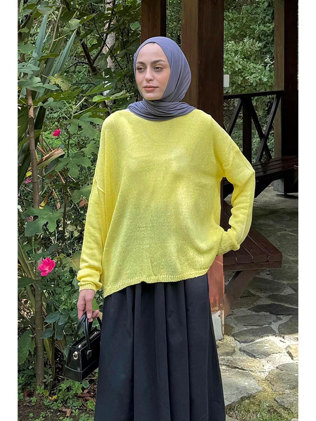 Kayık Yaka Triko Kazak Sarı-2