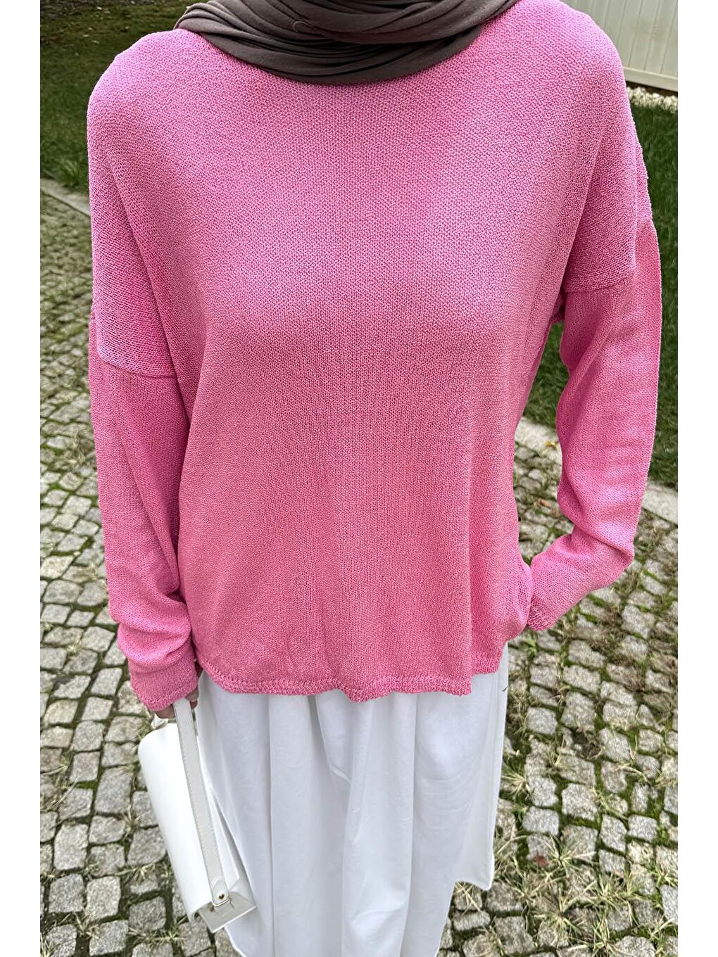 Kayık Yaka Triko Kazak Pembe-2