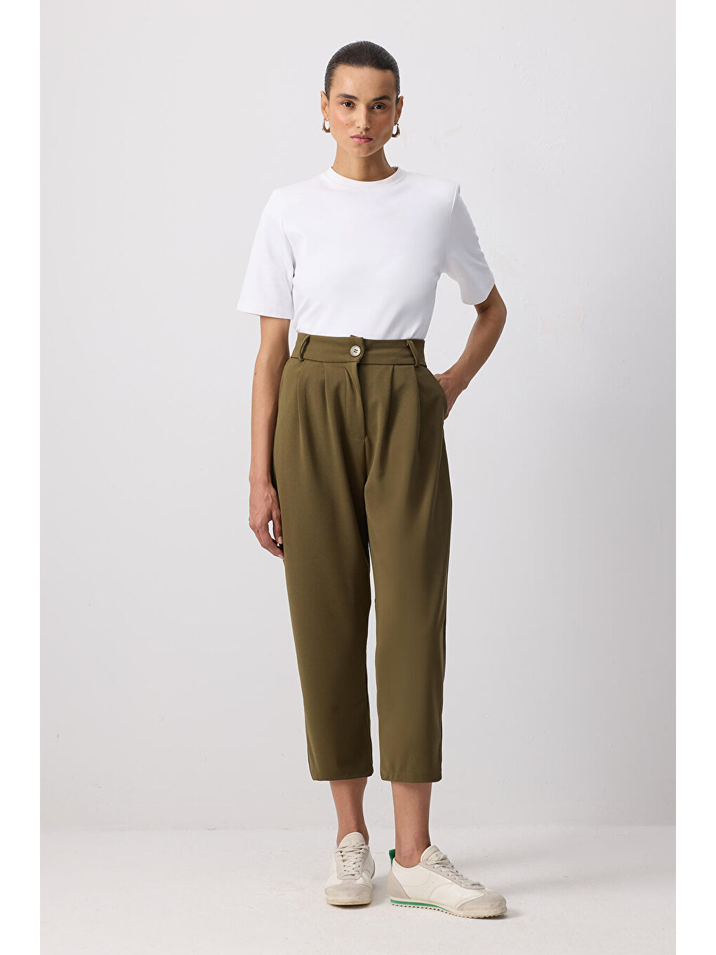 Haki Çift Pileli Bol Pantolon