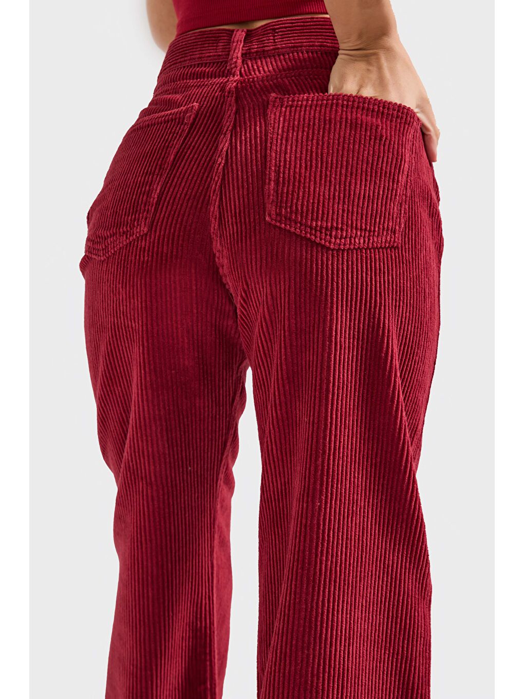 Kadın Bordo Renk Doris 26w5-35 Straight Fit Yüksek Bel Kalın Fitilli Velvet Kadife Kumaş Pantolon-1