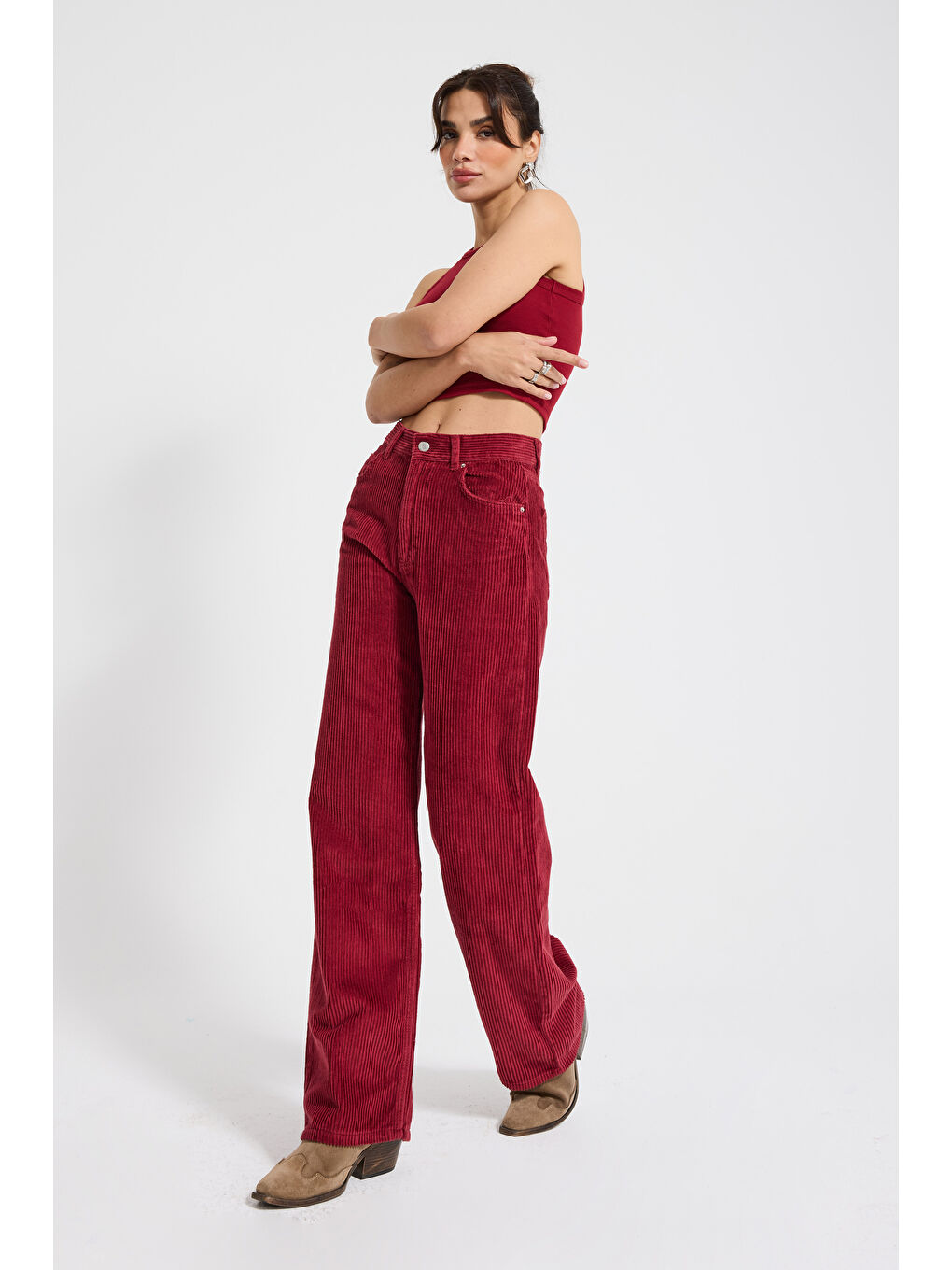 Kadın Bordo Renk Doris 26w5-35 Straight Fit Yüksek Bel Kalın Fitilli Velvet Kadife Kumaş Pantolon-2