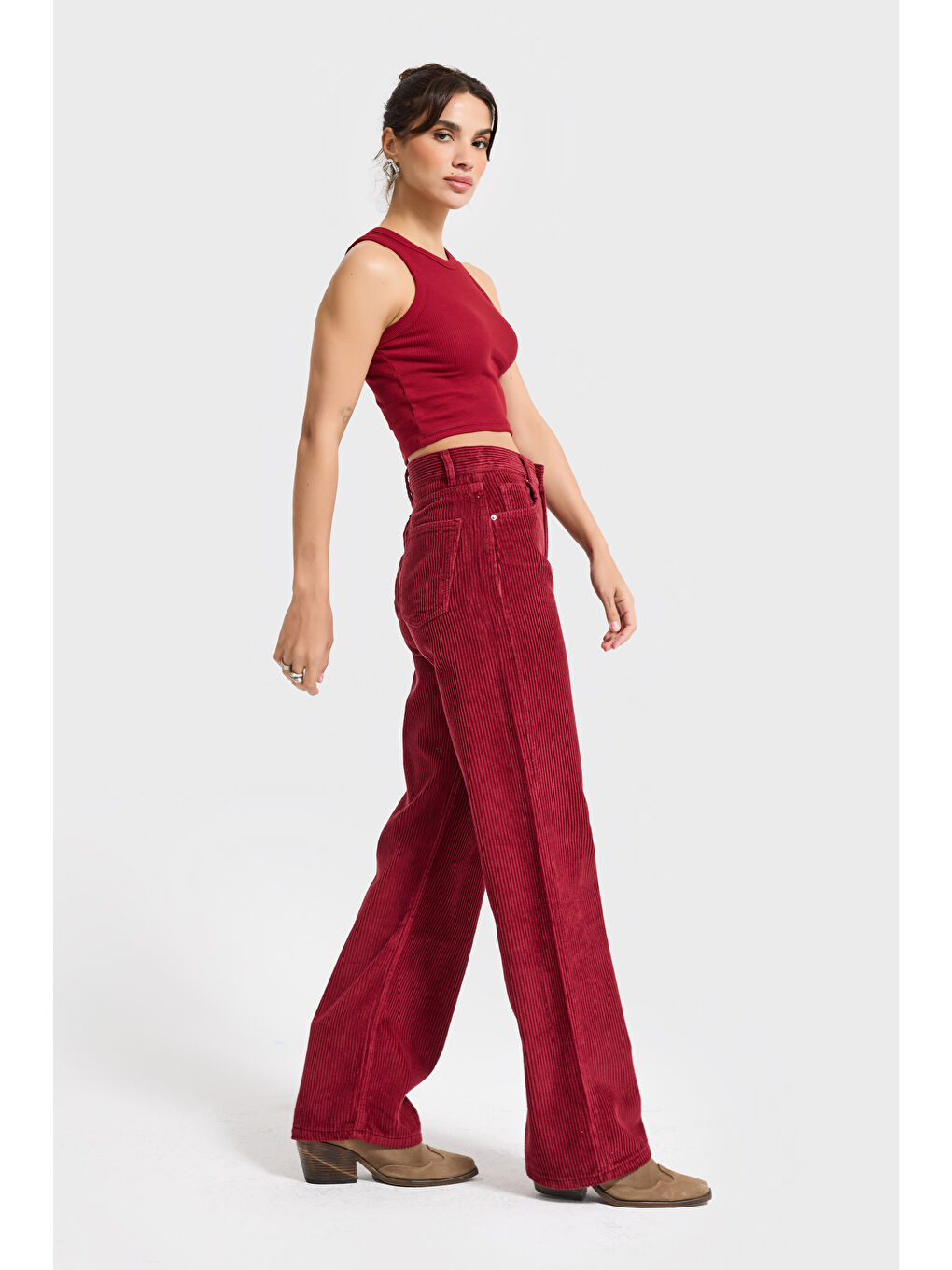 Kadın Bordo Renk Doris 26w5-35 Straight Fit Yüksek Bel Kalın Fitilli Velvet Kadife Kumaş Pantolon-4