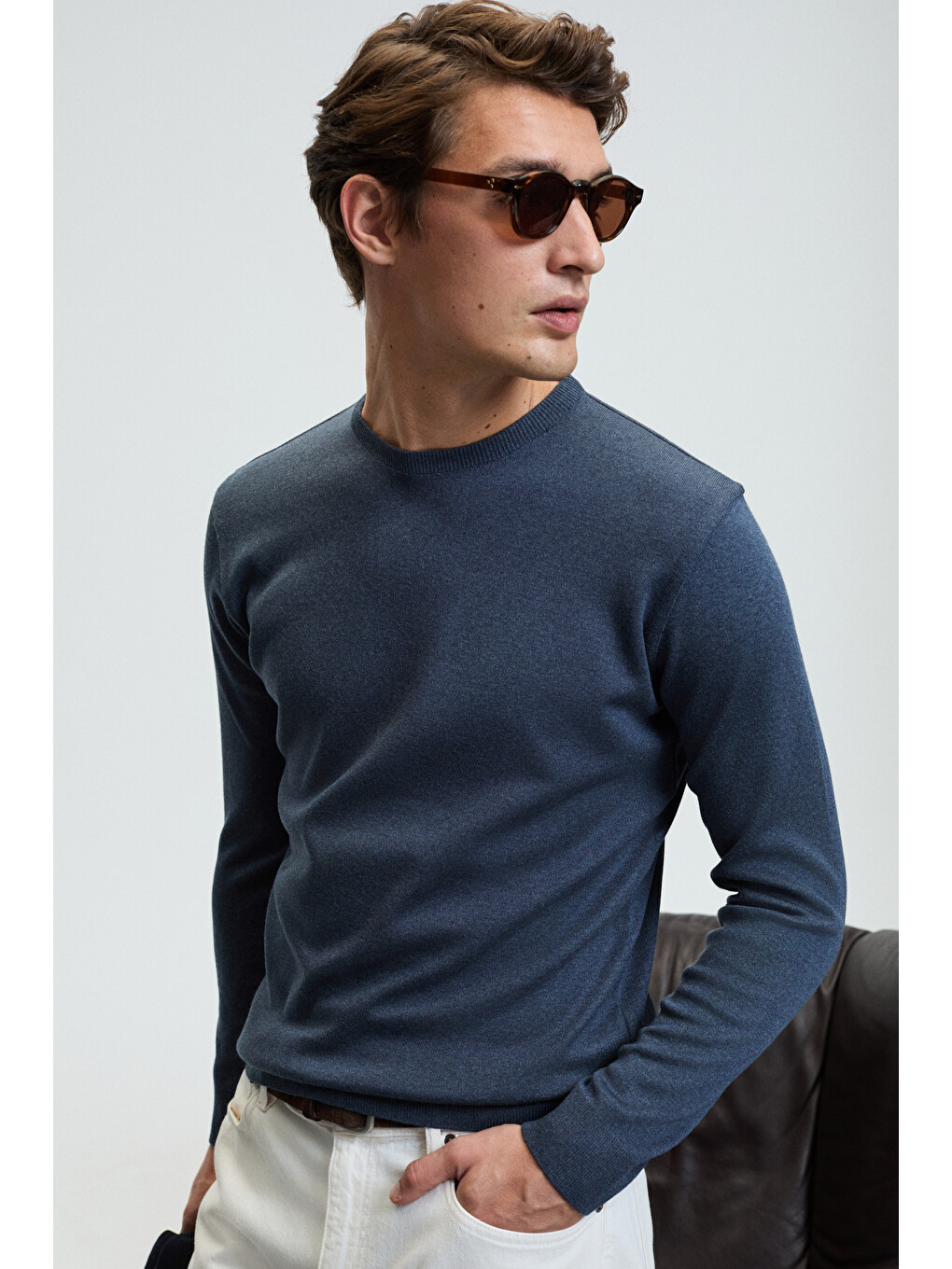 Varex Erkek Yuvarlak Yaka Basic Slim Fit Triko Mavi Kazak-3