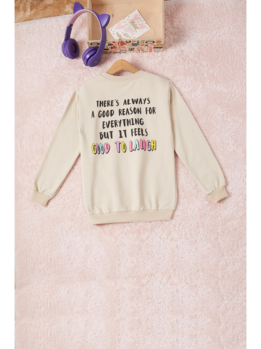 Pembe Life Kids Club Ekru Krem Gülen Yüz Sırtı Baskılı Kız Çocuk Sweatshirt 16705 - 3