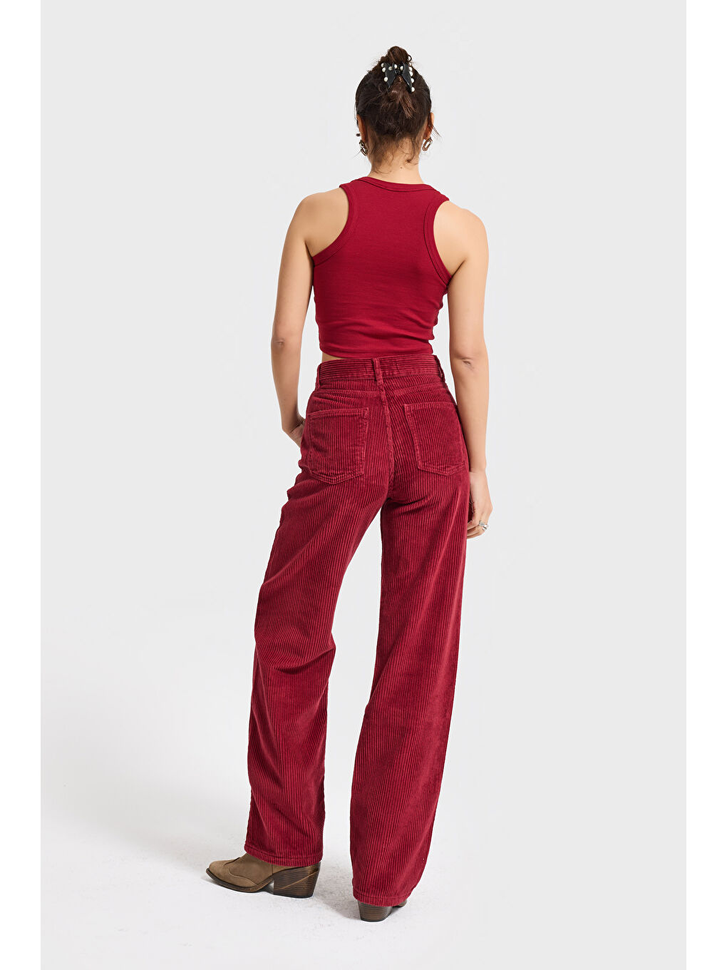 Kadın Bordo Renk Doris 26w5-35 Straight Fit Yüksek Bel Kalın Fitilli Velvet Kadife Kumaş Pantolon-5