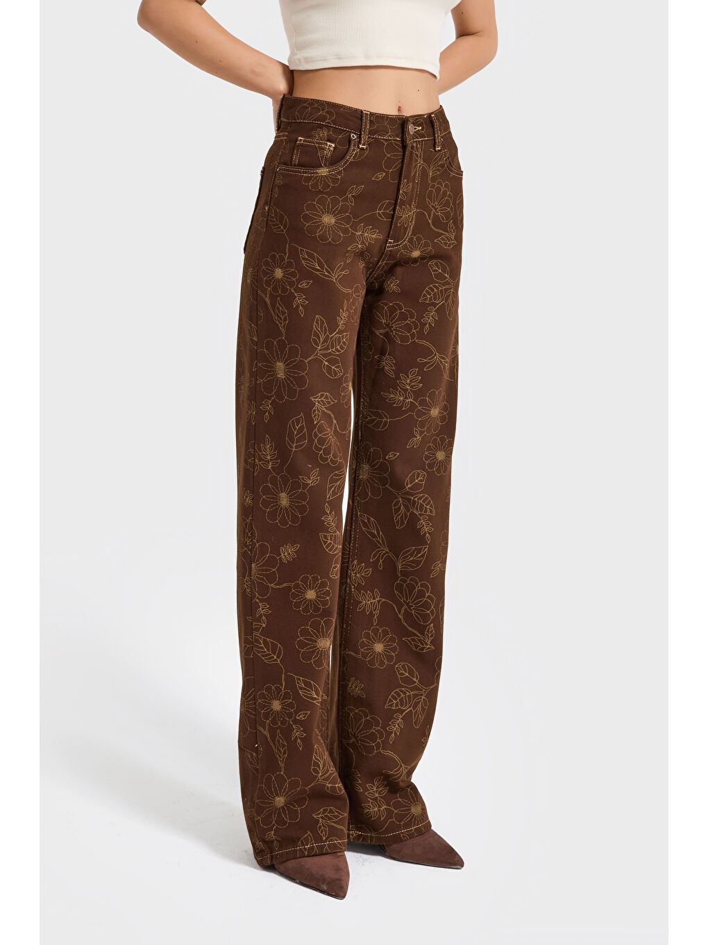 Kadın Kahverengi 7s6-16 Straight Fit Özel Nakış Detaylı Tasarım Denim Jean-1