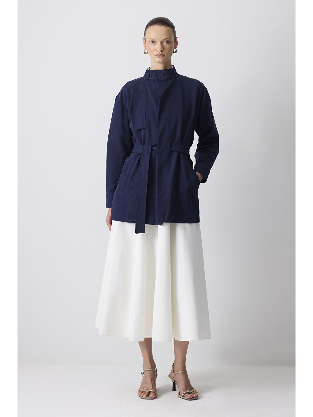 Lacivert Kuşaklı Gabardin Ceket