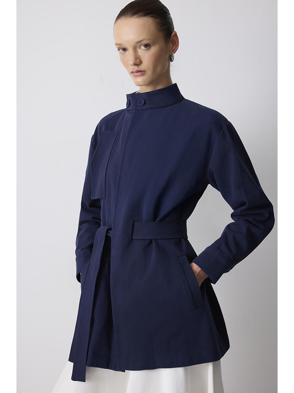 Lacivert Kuşaklı Gabardin Ceket-1