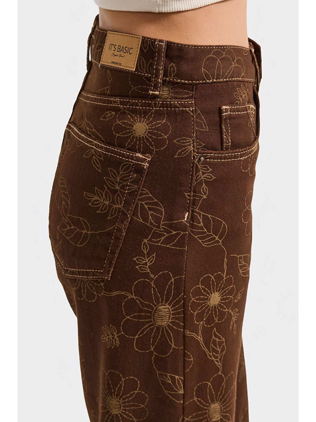 Kadın Kahverengi 7s6-16 Straight Fit Özel Nakış Detaylı Tasarım Denim Jean-2