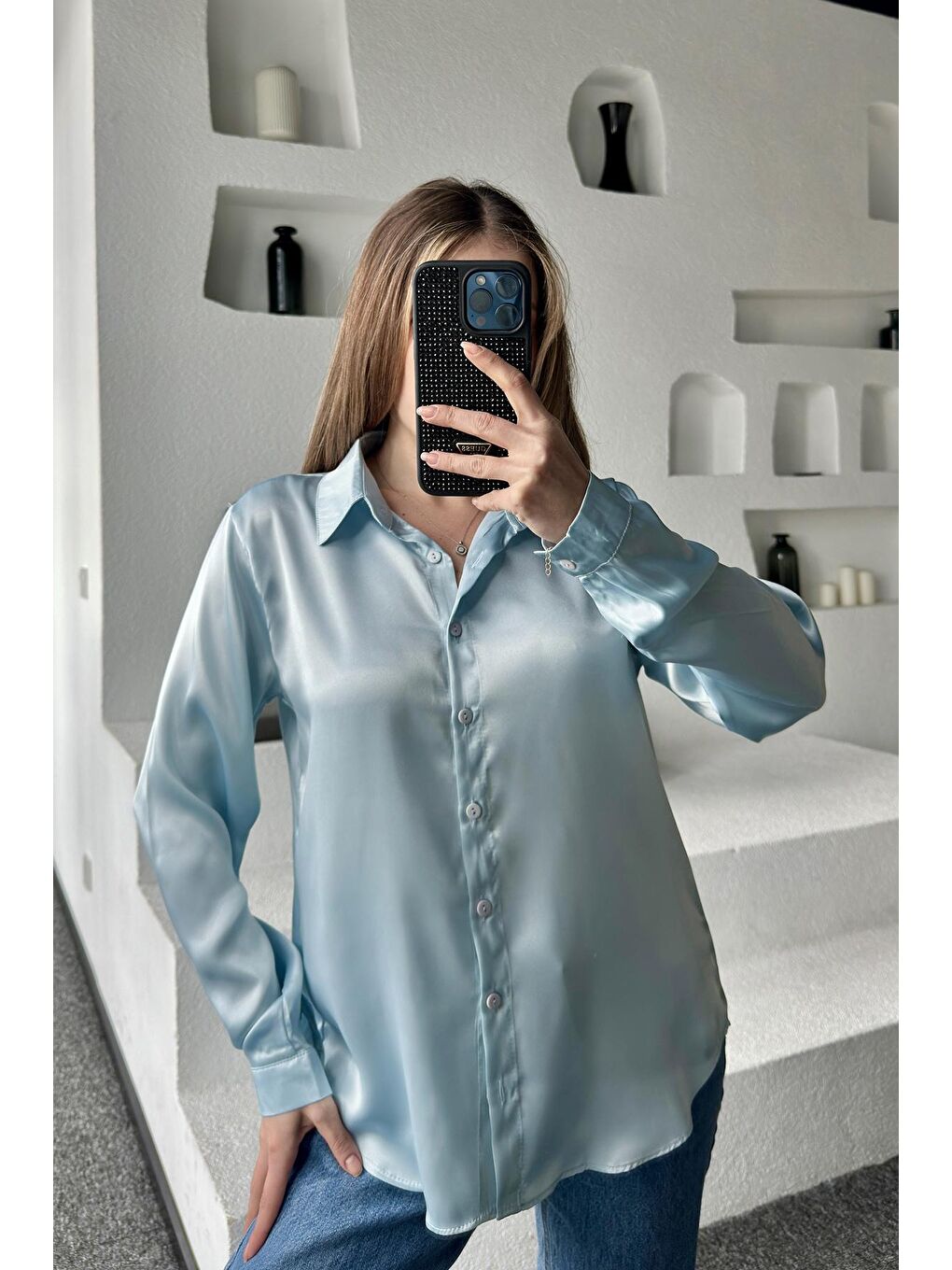 Kadın Buz Mavisi Dökümlü Viskon Basic Saten Gömlek
