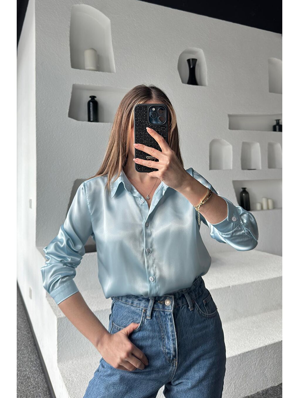 Kadın Buz Mavisi Dökümlü Viskon Basic Saten Gömlek-1