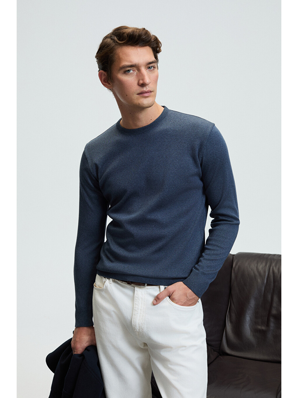 Varex Erkek Yuvarlak Yaka Basic Slim Fit Triko Mavi Kazak-4