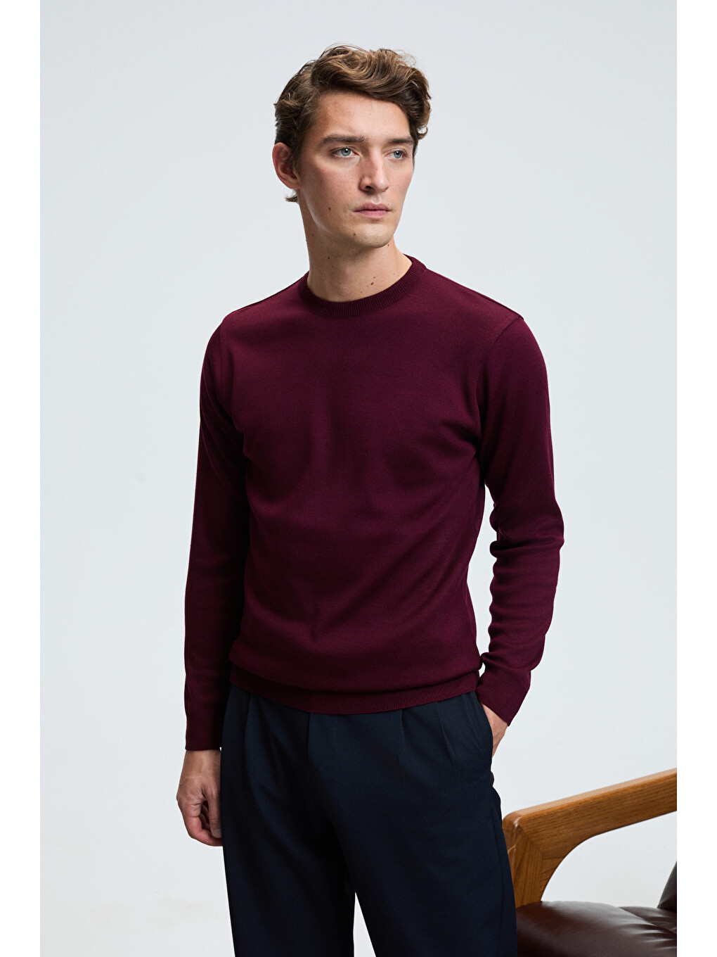 Varex Erkek Yuvarlak Yaka Basic Slim Fit Triko Bordo Kazak