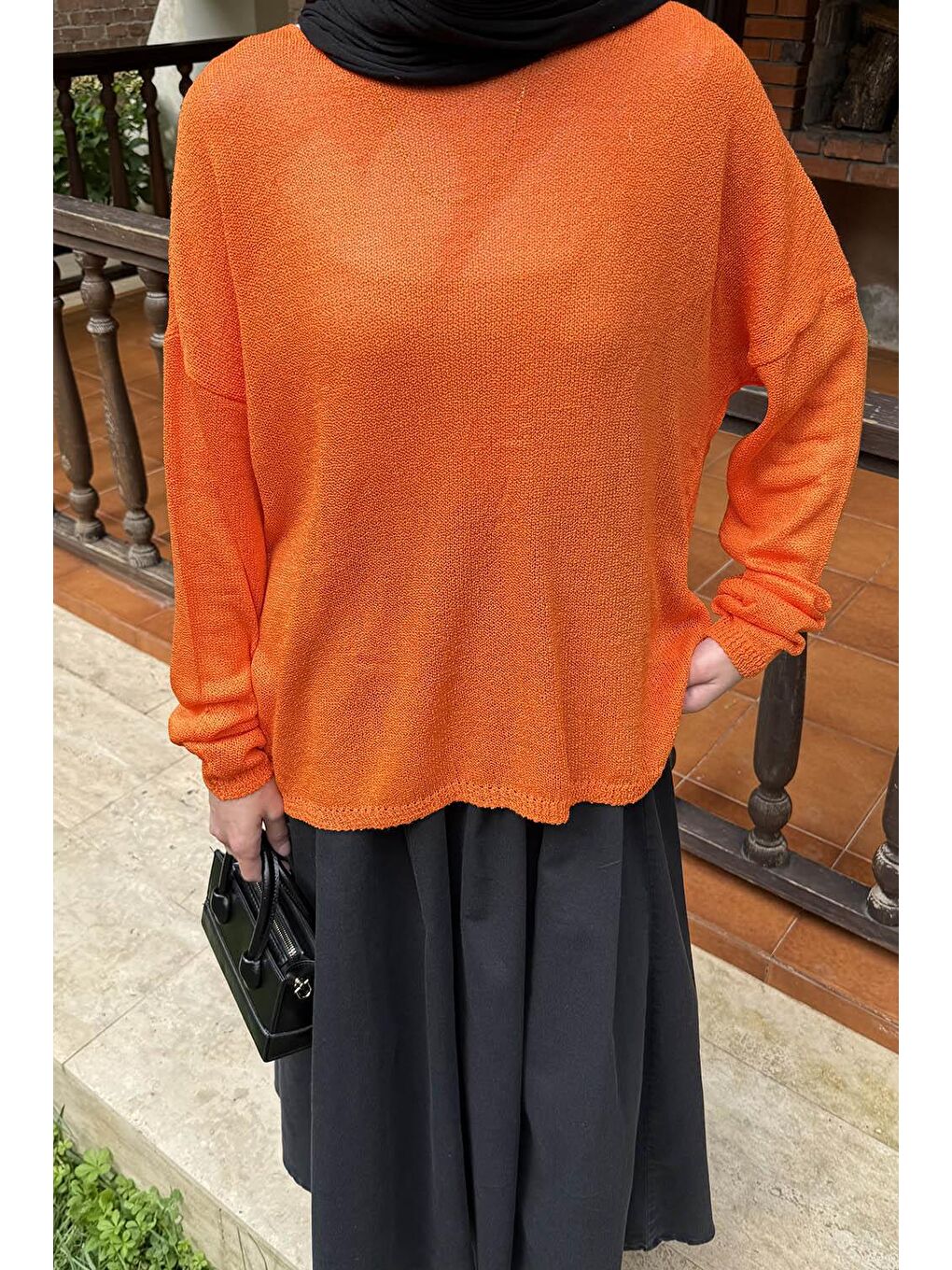 Turuncu Kayık Yaka Triko Kazak Oranj-2