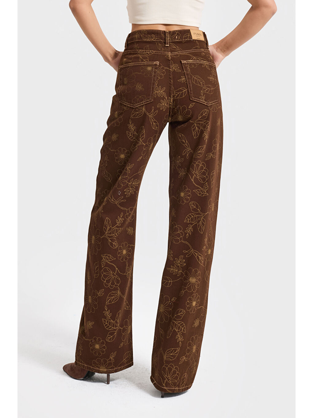 Kadın Kahverengi 7s6-16 Straight Fit Özel Nakış Detaylı Tasarım Denim Jean-4