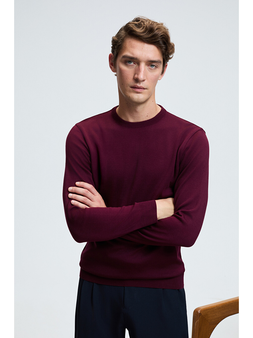 Varex Erkek Yuvarlak Yaka Basic Slim Fit Triko Bordo Kazak-1