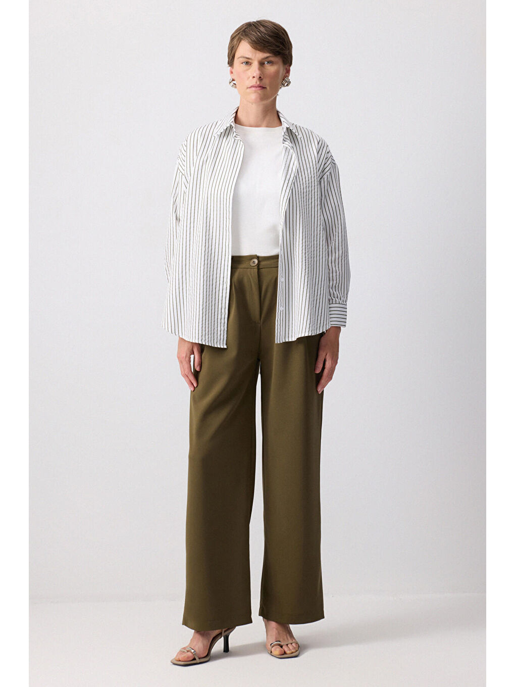 Haki Yüksek Bel Palazzo Pantolon