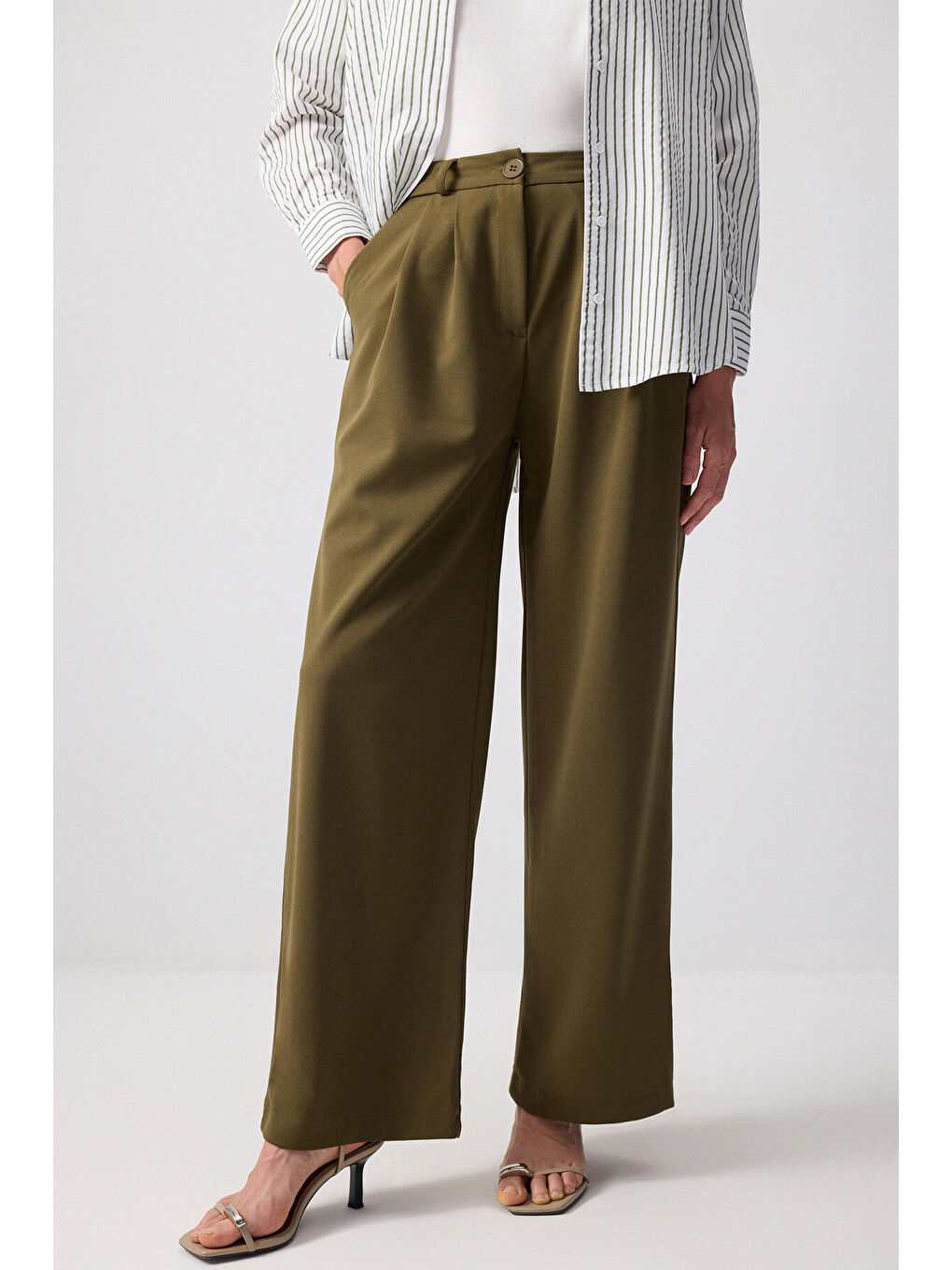 Haki Yüksek Bel Palazzo Pantolon-1