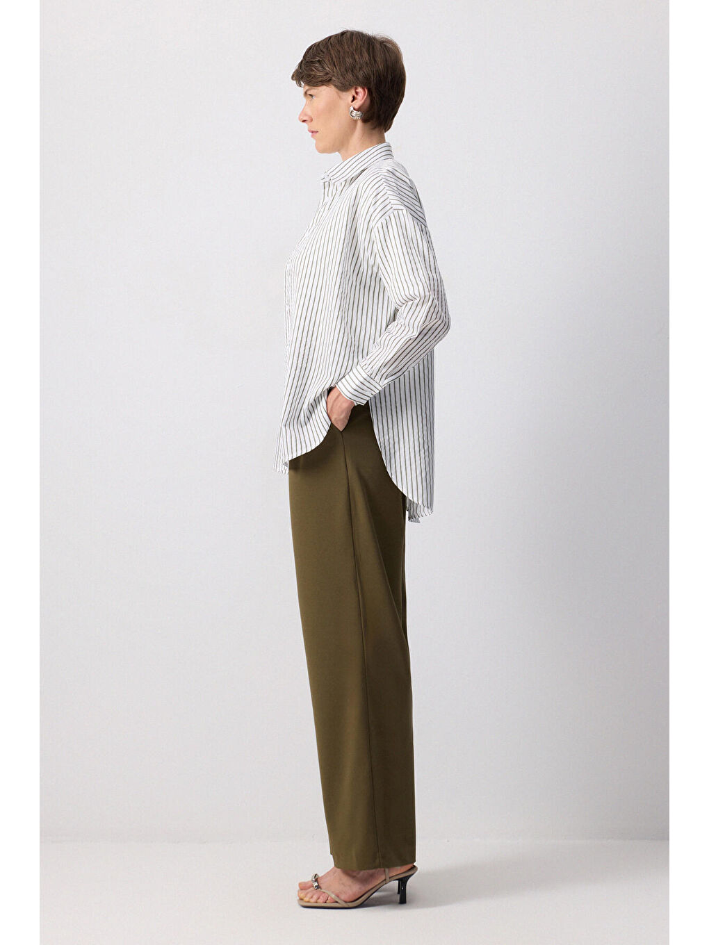 Haki Yüksek Bel Palazzo Pantolon-2