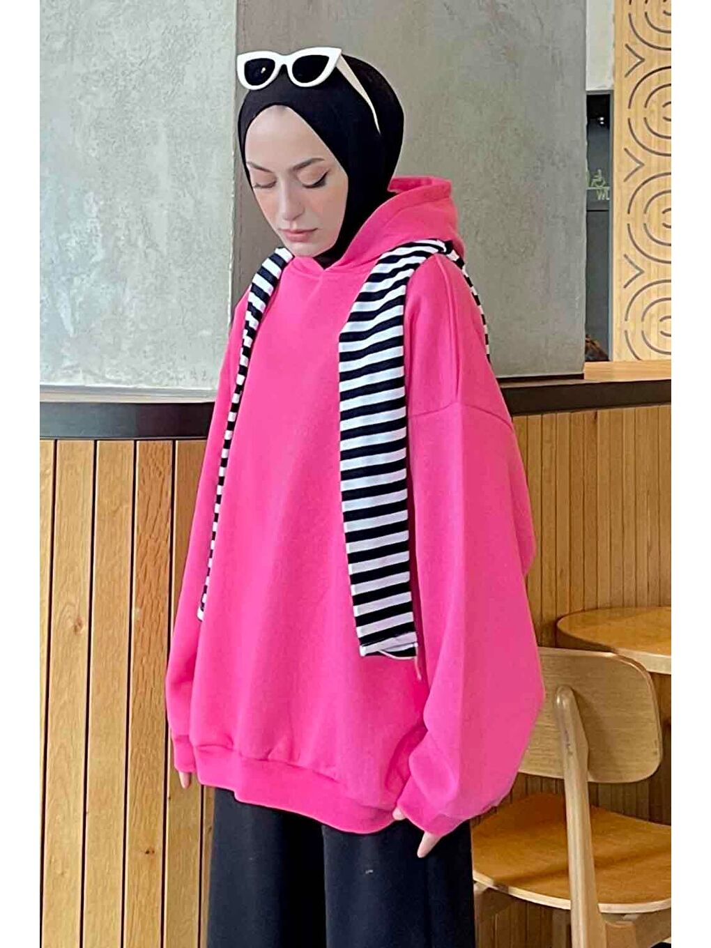 Kapüşonlu Salaş Sweatshirt Fuşya-1
