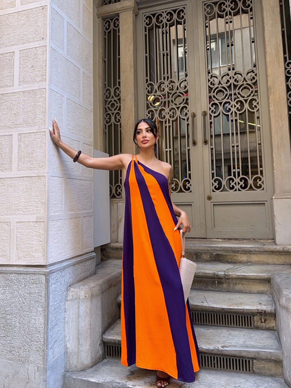 Kadın Turuncu Mor Parça Bloklu Omuz Detay Elbise HZL25S-DSB107651-1