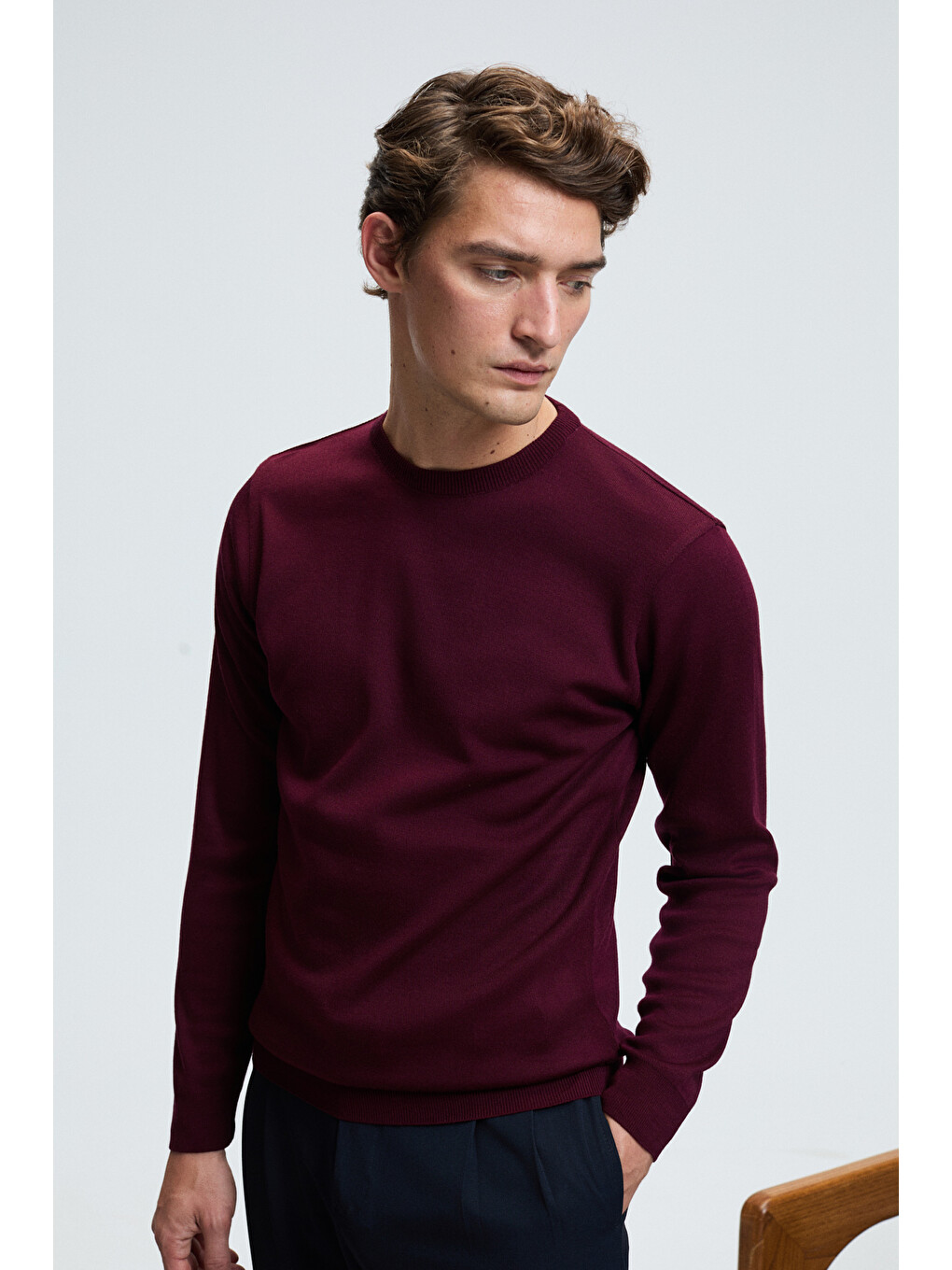 Varex Erkek Yuvarlak Yaka Basic Slim Fit Triko Bordo Kazak-2