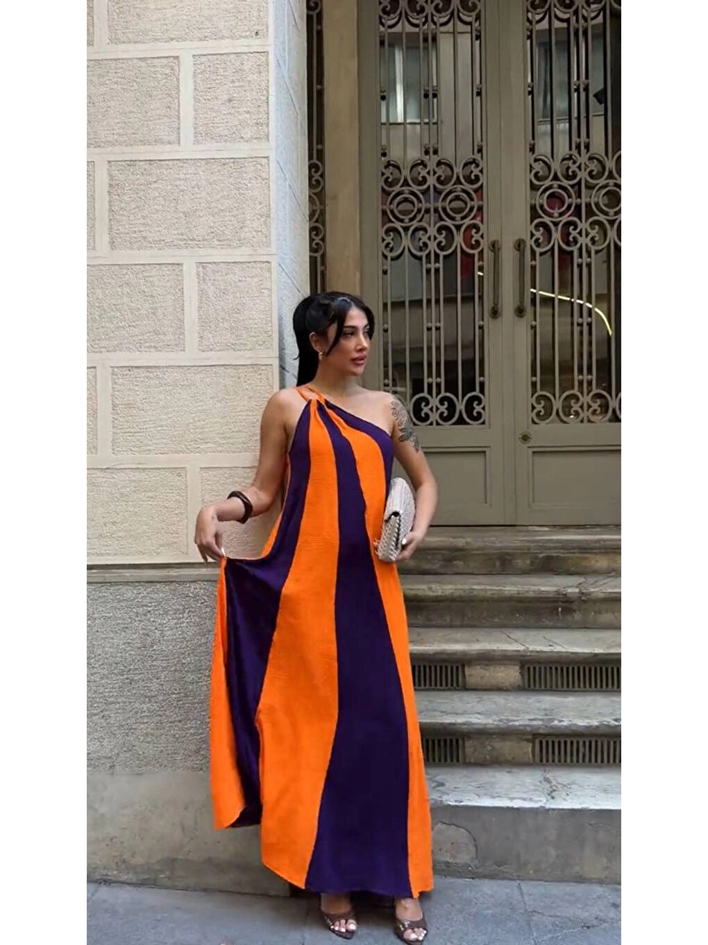 Kadın Turuncu Mor Parça Bloklu Omuz Detay Elbise HZL25S-DSB107651-2