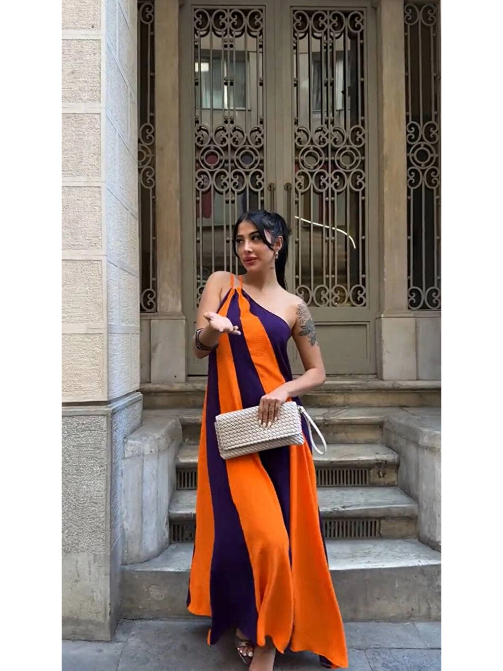 Kadın Turuncu Mor Parça Bloklu Omuz Detay Elbise HZL25S-DSB107651-3