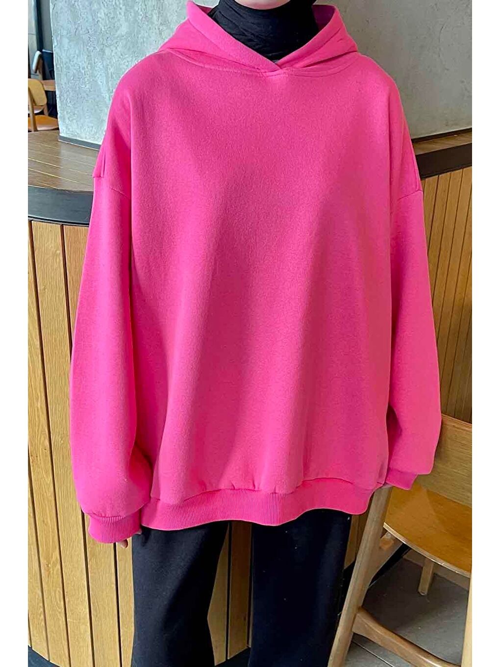 Kapüşonlu Salaş Sweatshirt Fuşya-3
