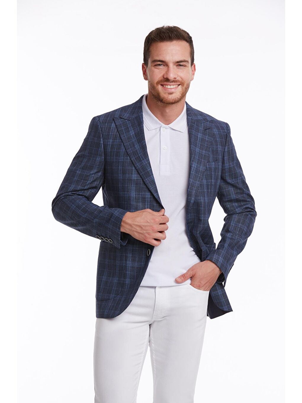 Lacivert Slim Fit Kareli Sivri Yaka Klasik Keten Ceket