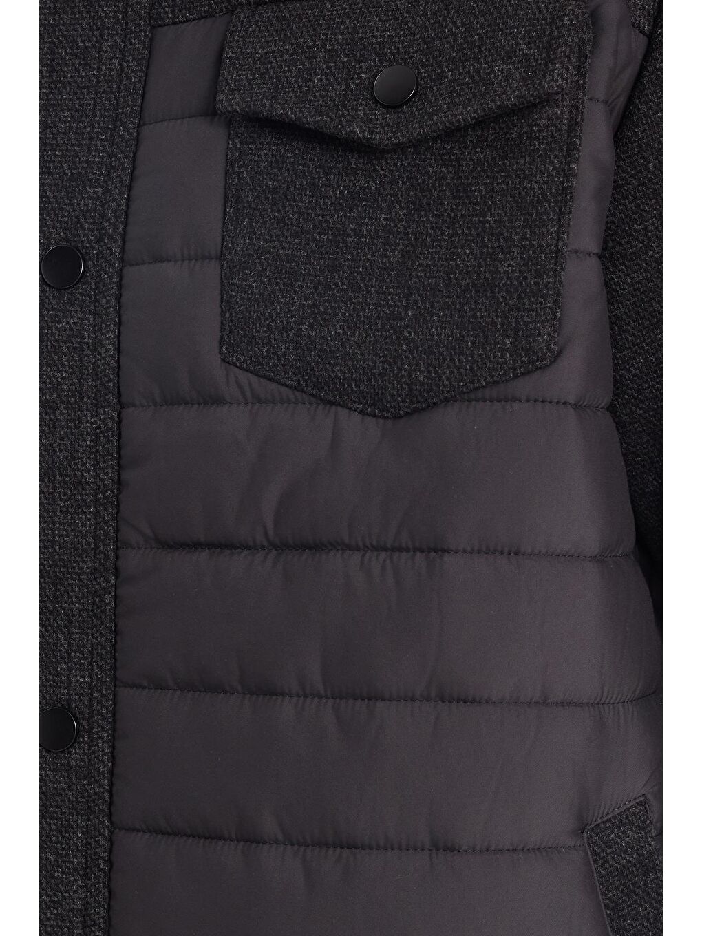 Erkek Relax Fit Rahat Kesim Çıt Çıt Düğmeli Kapitone Kapaklı Çift Cep Sıcak Tutan Siyah Kaşe Mont-5