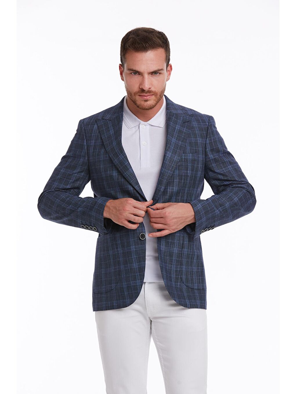 Lacivert Slim Fit Kareli Sivri Yaka Klasik Keten Ceket-1