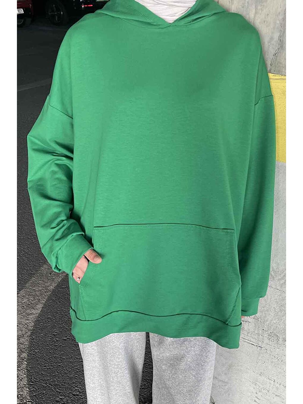 Kanguru Cep Kapüşonlu Düz Renk Sweatshırt Yeşil-2