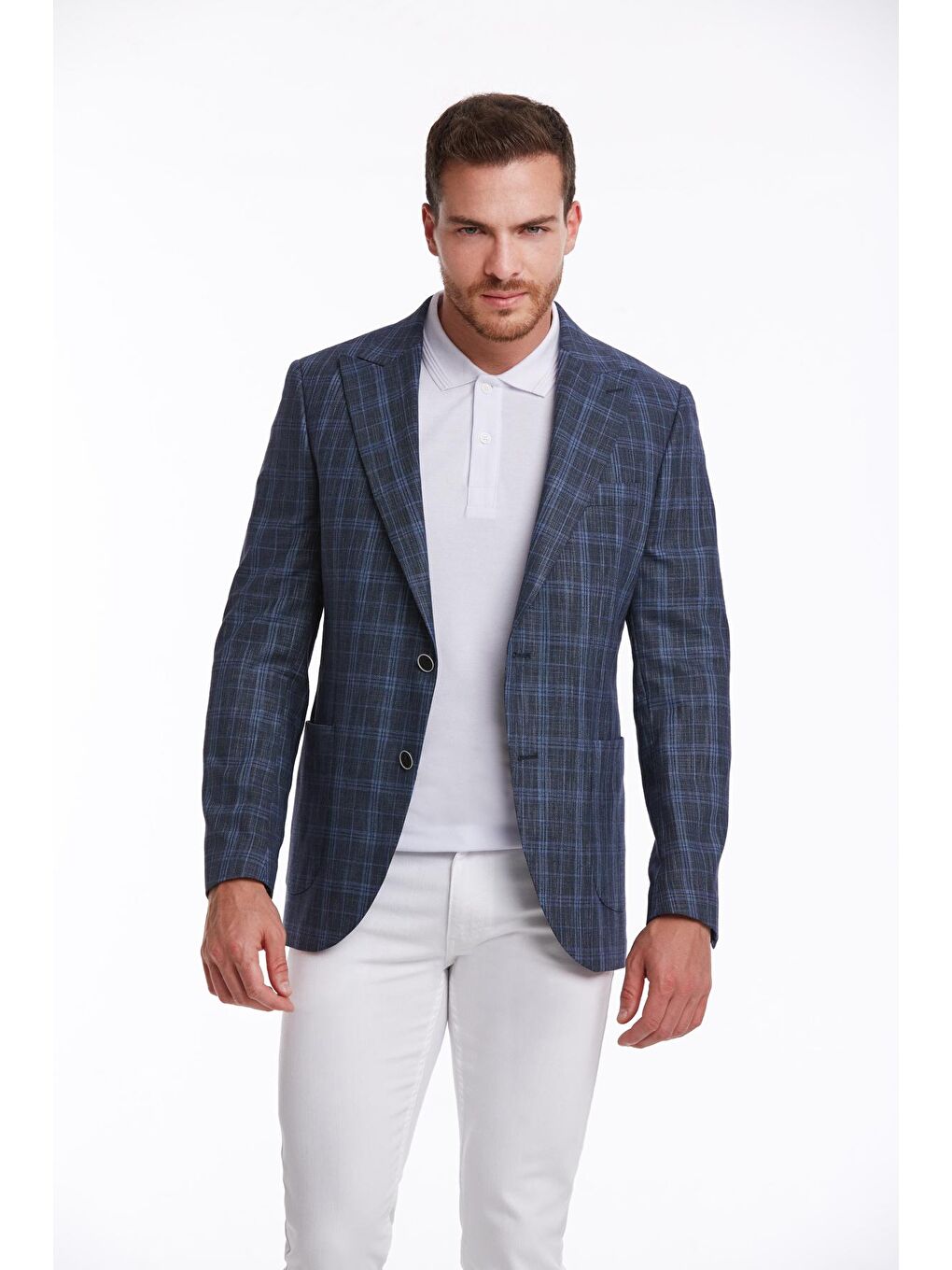 Lacivert Slim Fit Kareli Sivri Yaka Klasik Keten Ceket-2