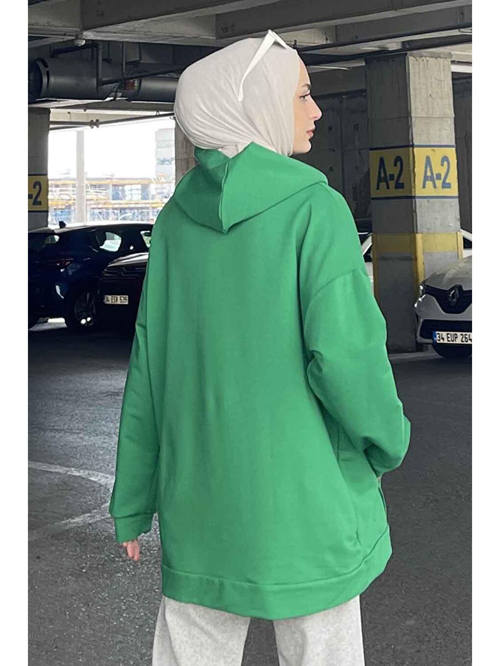 Kanguru Cep Kapüşonlu Düz Renk Sweatshırt Yeşil-3