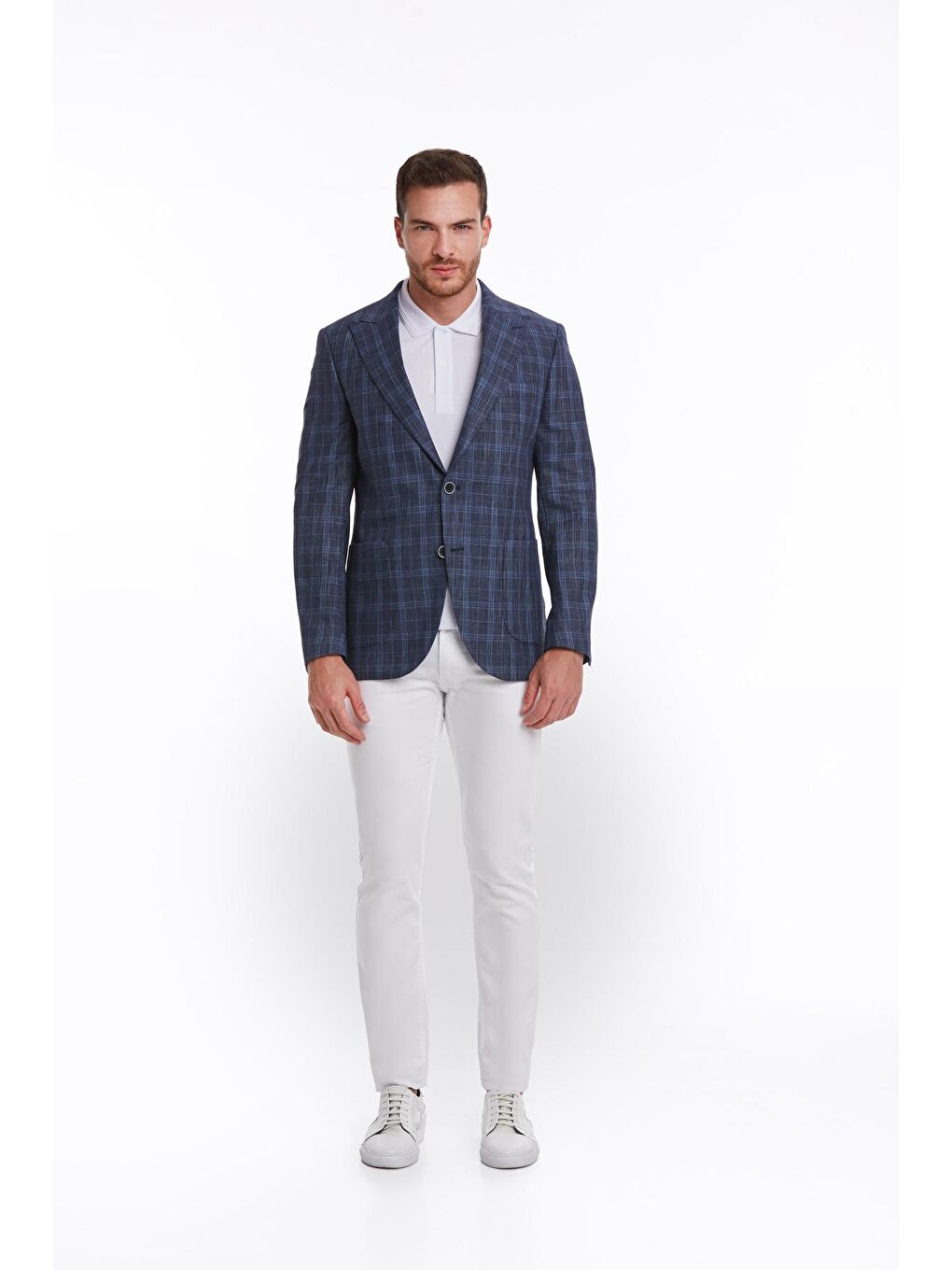 Lacivert Slim Fit Kareli Sivri Yaka Klasik Keten Ceket-4