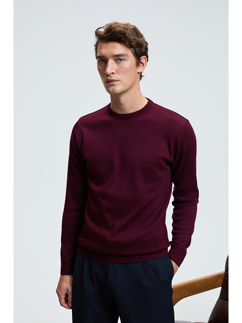 Varex Erkek Yuvarlak Yaka Basic Slim Fit Triko Bordo Kazak-6