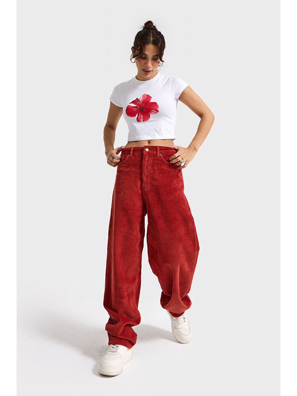 Turuncu Kadın Coral Cindy 26w5-104 Skater Fit Bol Kesim Kalın Fitilli Velvet Kadife Kumaş Pantolon-1