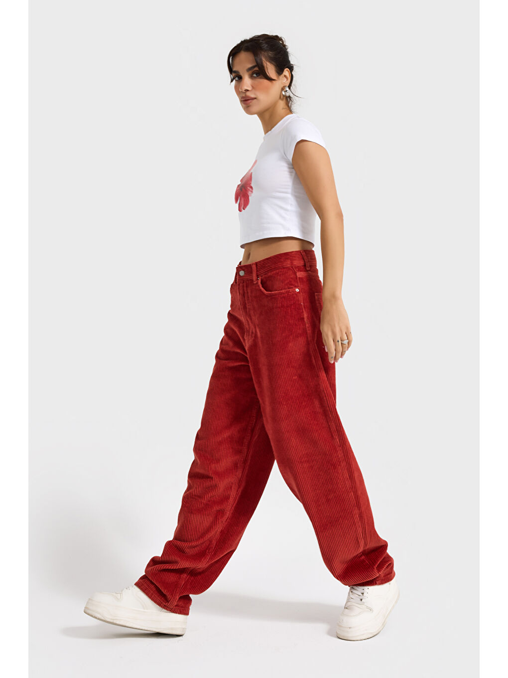 Turuncu Kadın Coral Cindy 26w5-104 Skater Fit Bol Kesim Kalın Fitilli Velvet Kadife Kumaş Pantolon-3