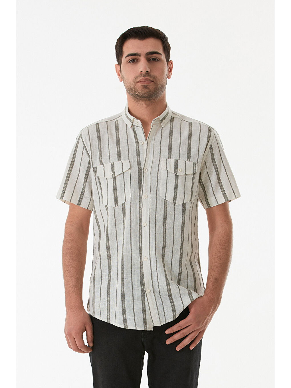 Haki Çizgili Çift Cepli Düğmeli %100 Pamuk Gömlek