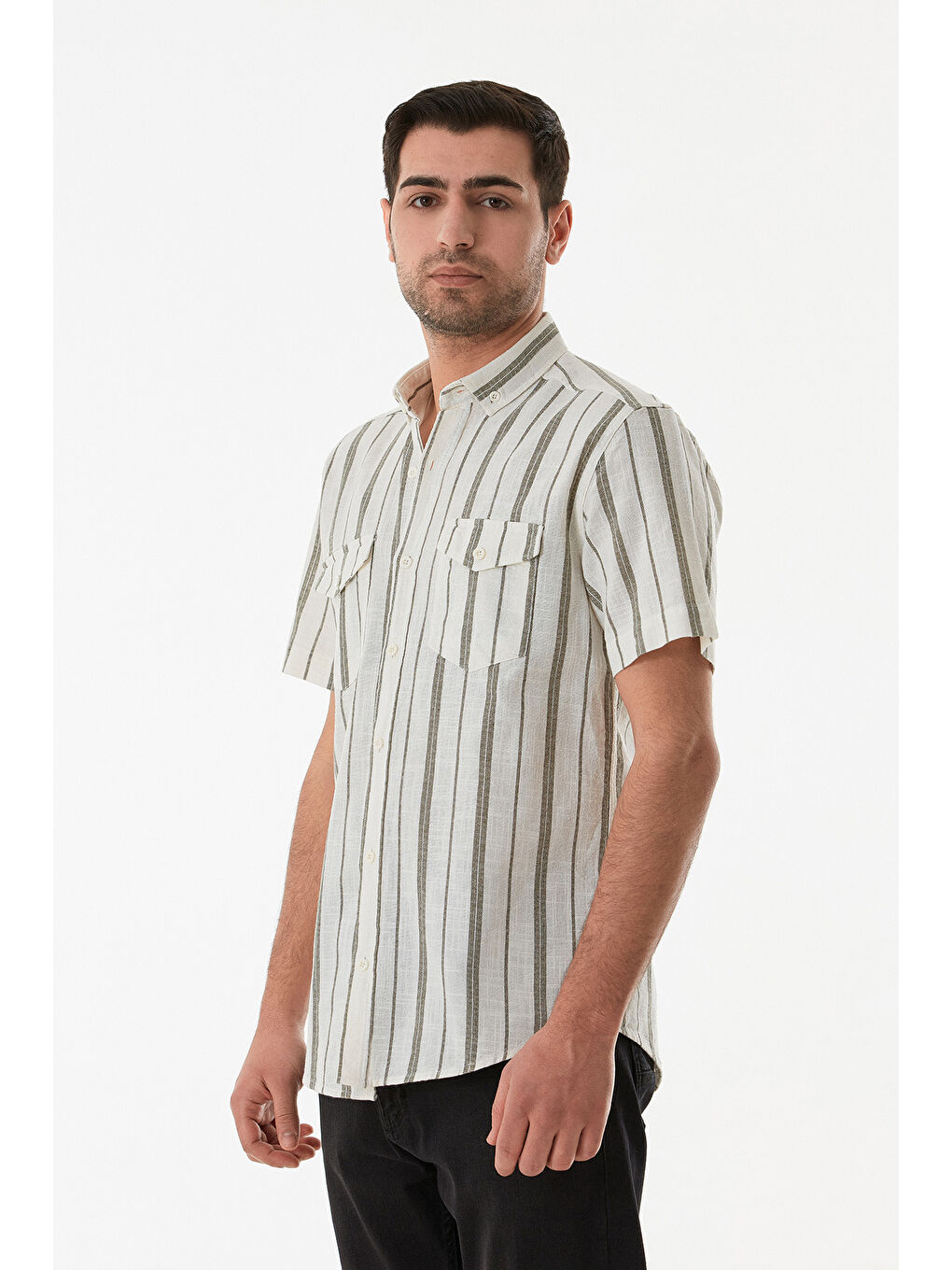 Haki Çizgili Çift Cepli Düğmeli %100 Pamuk Gömlek-1