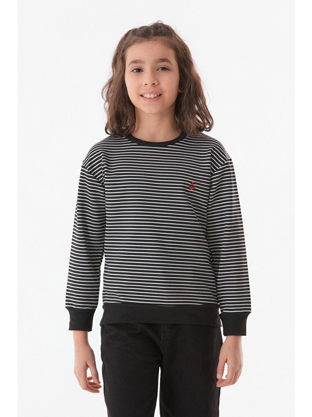 Fullamoda Siyah Çapa Nakışlı Çizgili Unisex Çocuk Sweatshirt