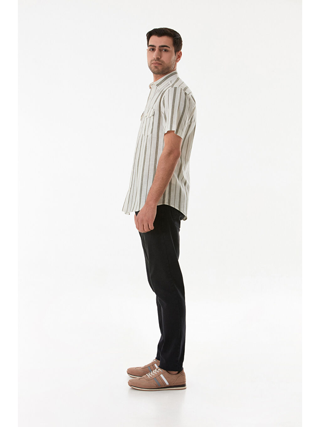 Haki Çizgili Çift Cepli Düğmeli %100 Pamuk Gömlek-2