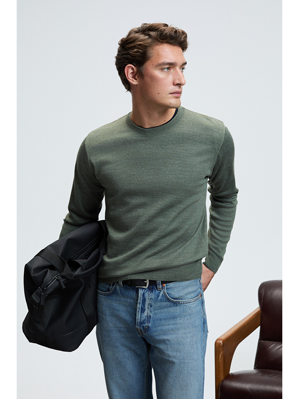 Varex Erkek Yuvarlak Yaka Basic Slim Fit Triko Haki Kazak