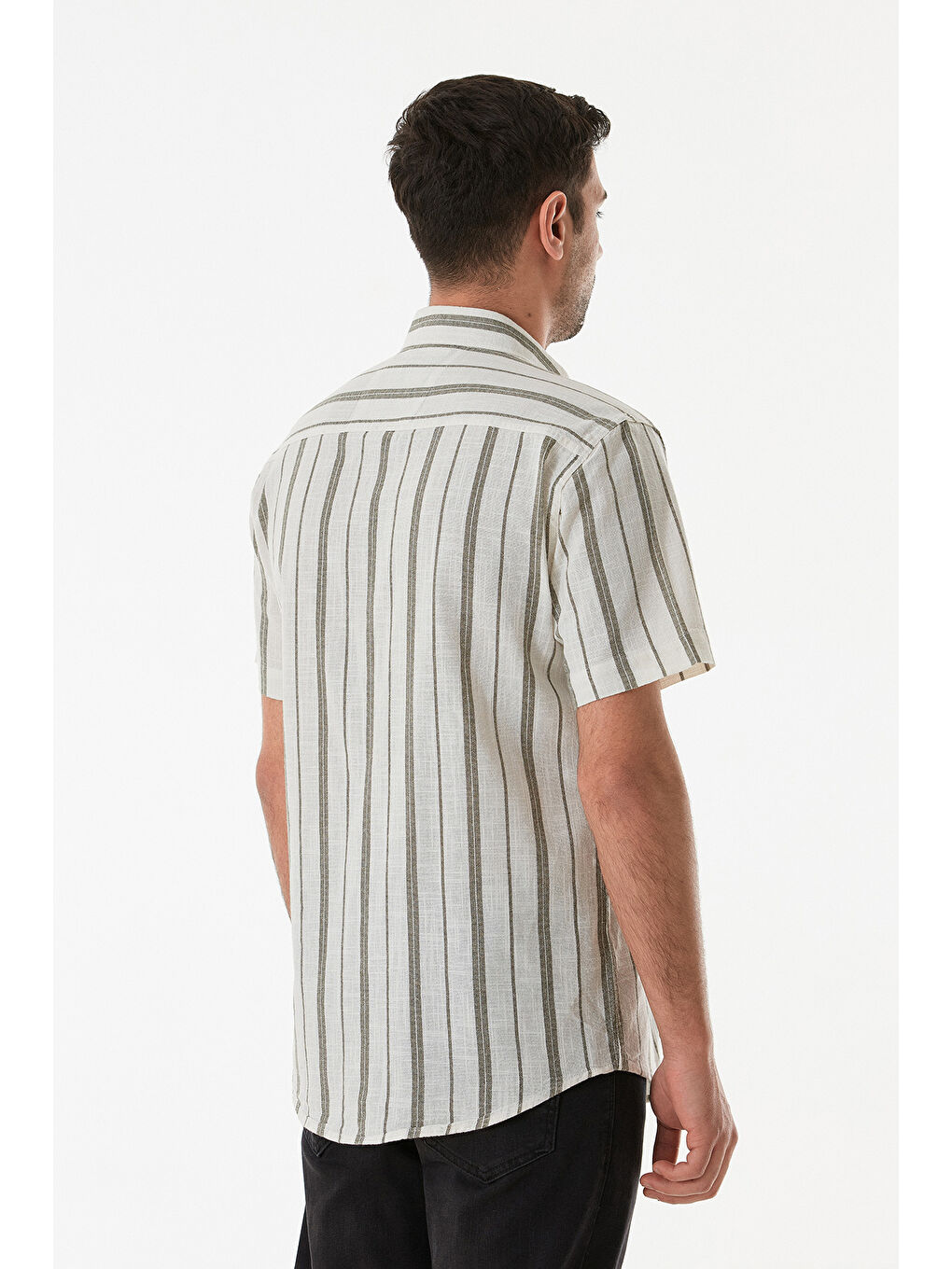 Haki Çizgili Çift Cepli Düğmeli %100 Pamuk Gömlek-3