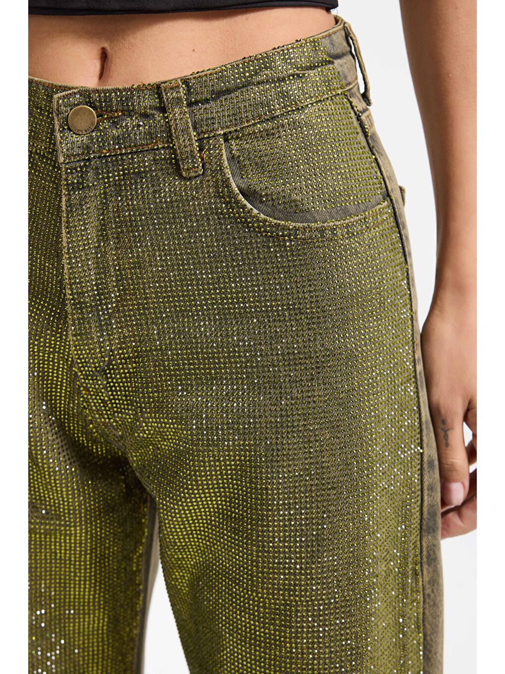 Kadın Yeşil T-3w5-141 Straight Fit Ful Parlak Taşlı Özel Tasarım Denim Jean-1