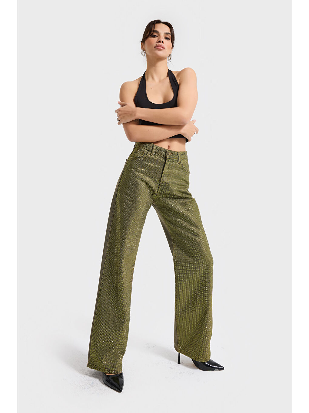 Kadın Yeşil T-3w5-141 Straight Fit Ful Parlak Taşlı Özel Tasarım Denim Jean-2