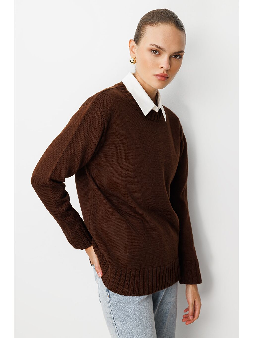 Yuvarlak Yaka Oversize Kahverengi Triko Kazak-1