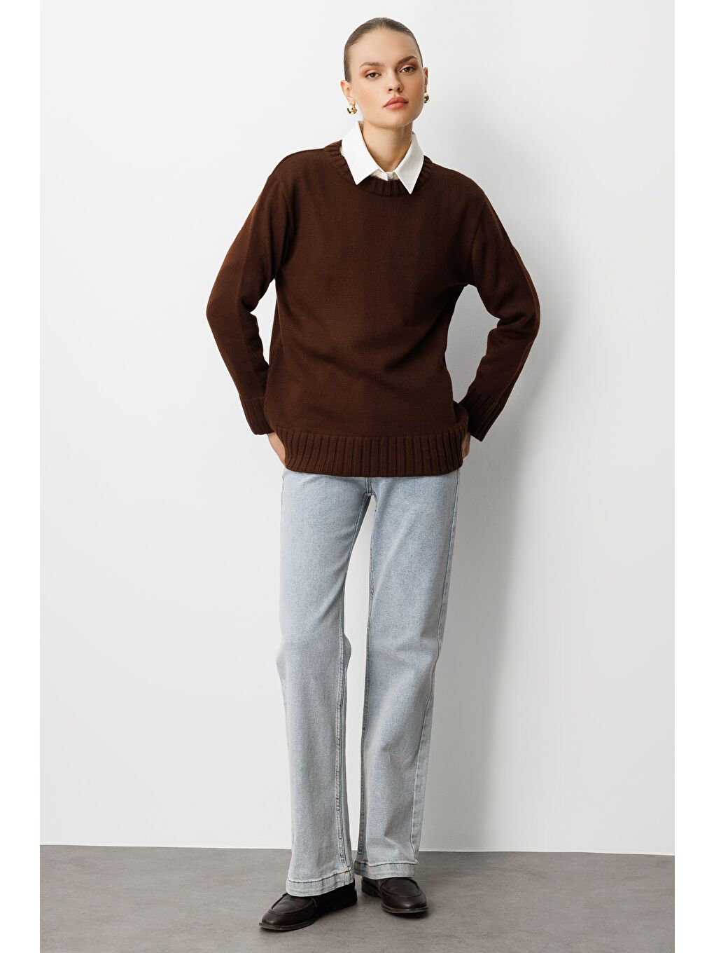 Yuvarlak Yaka Oversize Kahverengi Triko Kazak-2